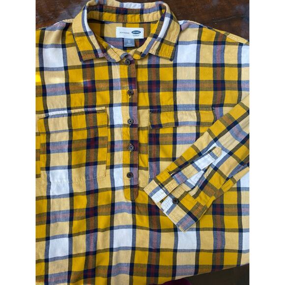 Old Navy Boyfriend Flannel Popover Shirt Yellow Plaid 1/2 Button Up Hi-Lo XS - Picture 11 of 11